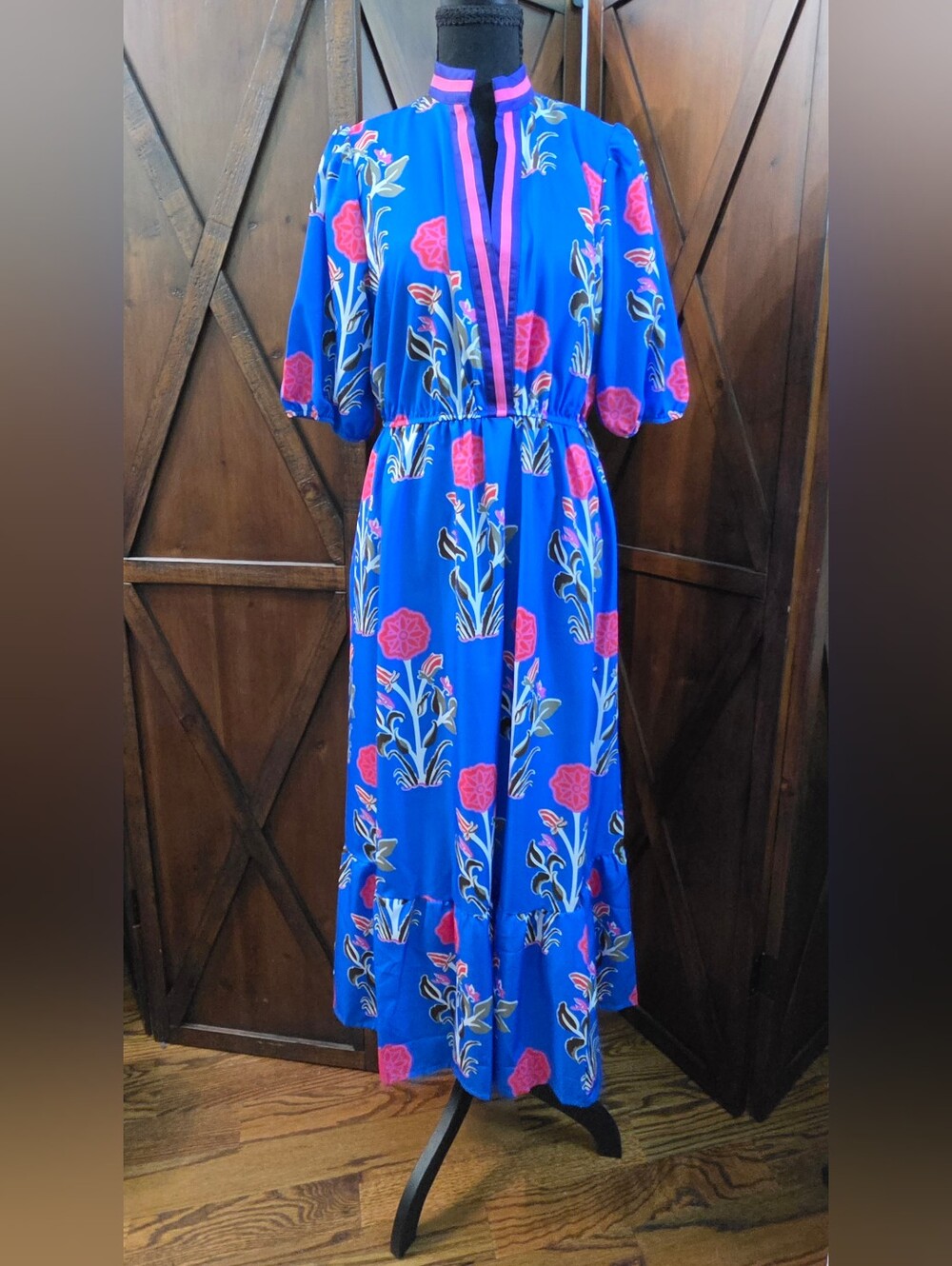 Blue Floral Maxi Dress with Pink Accents